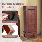 Armoire à bijoux sur pied avec miroir, marron, 9 tiroirs et 2 portes latérales, simple
