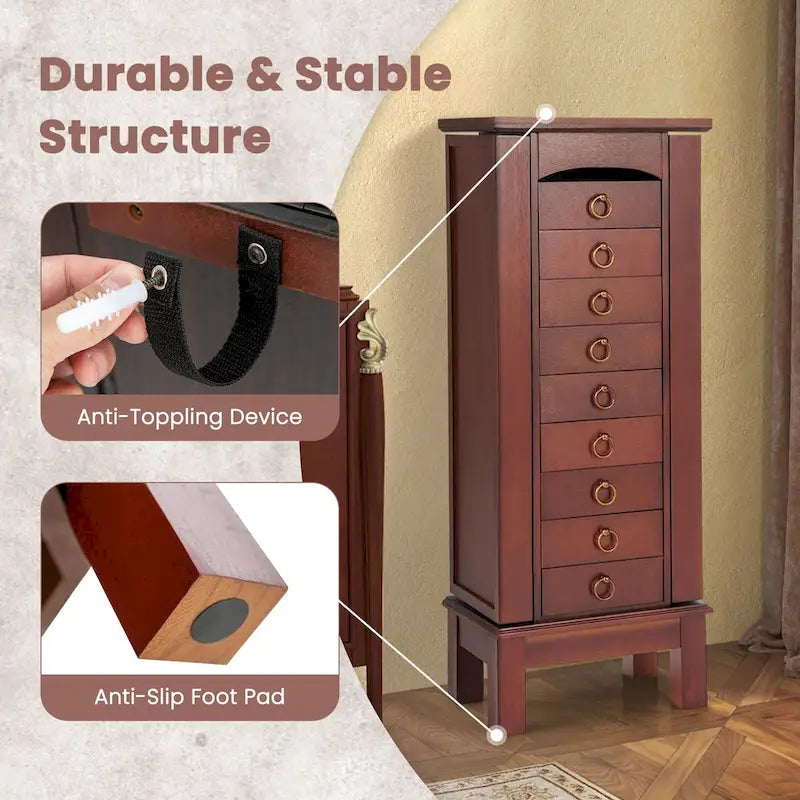 Armoire à bijoux sur pied avec miroir, marron, 9 tiroirs et 2 portes latérales, simple