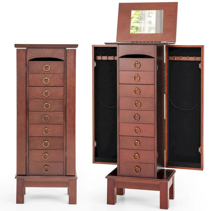 Armoire à bijoux sur pied avec miroir, marron, 9 tiroirs et 2 portes latérales, simple