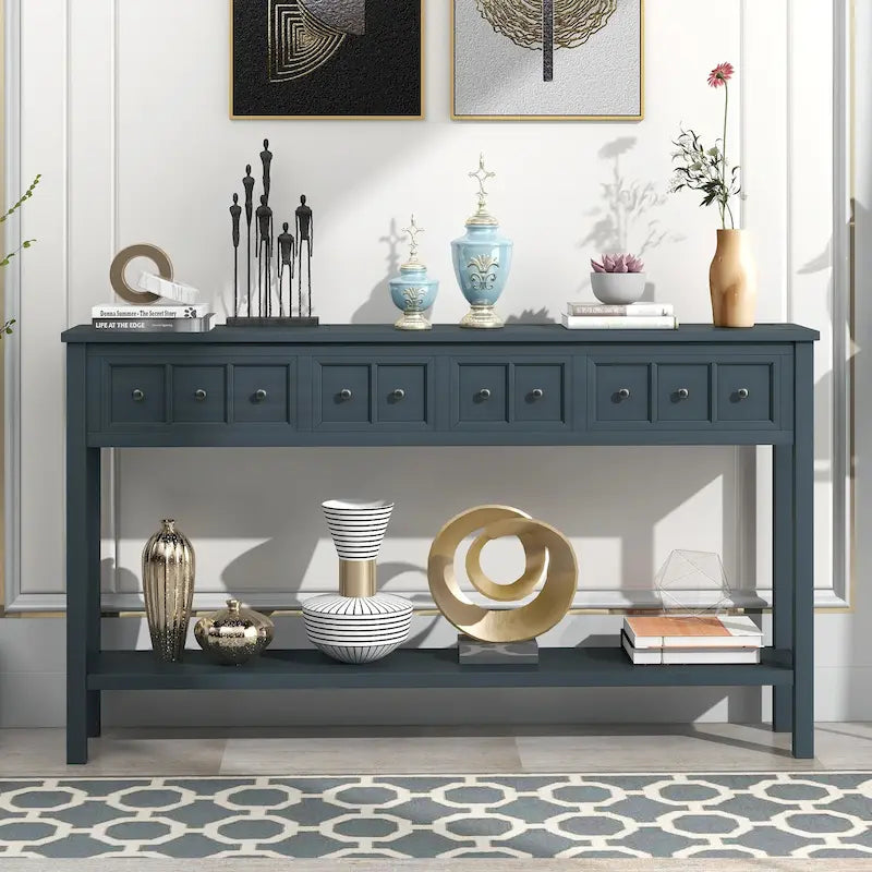 Console de ferme avec 4 tiroirs et étagère inférieure, bleu marine, pieds en bois massif, 152 cm