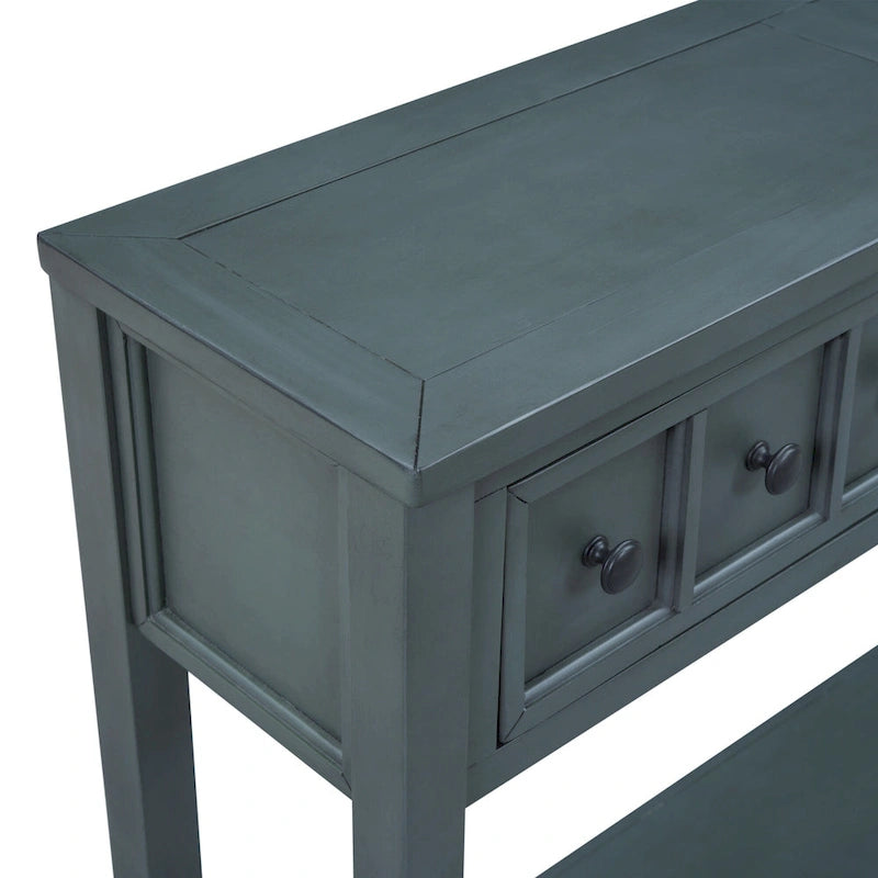 Console de ferme avec 4 tiroirs et étagère inférieure, bleu marine, pieds en bois massif, 152 cm