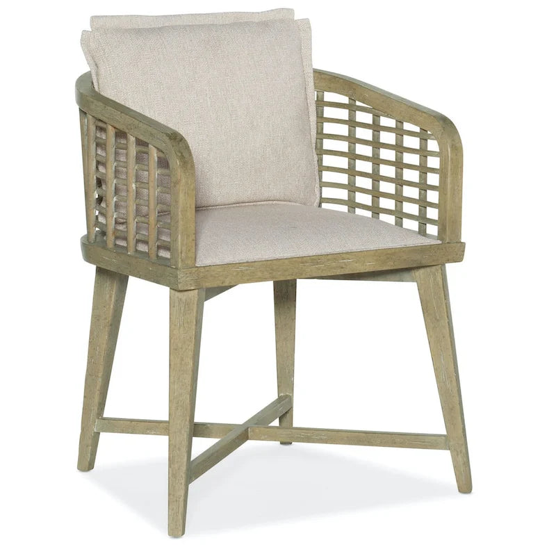Fauteuil de baril en rotin décontracté côtier, dossier en treillis, couleur bois flotté/crème, simple