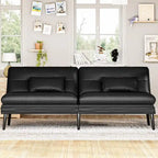 Canapé-lit futon moderne du milieu du siècle avec dossier réglable sur 5 angles et 2 oreillers, 2 places — Cuir PU noir / marron / rouge et lin noir / gris