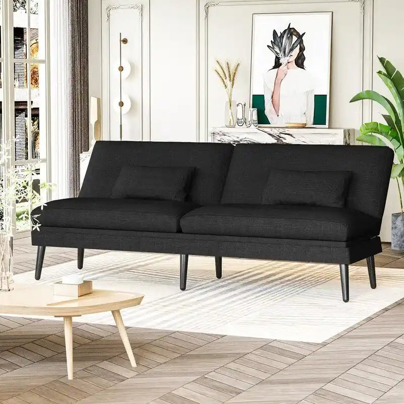 Canapé-lit futon moderne du milieu du siècle avec dossier réglable sur 5 angles et 2 oreillers, 2 places — Cuir PU noir / marron / rouge et lin noir / gris