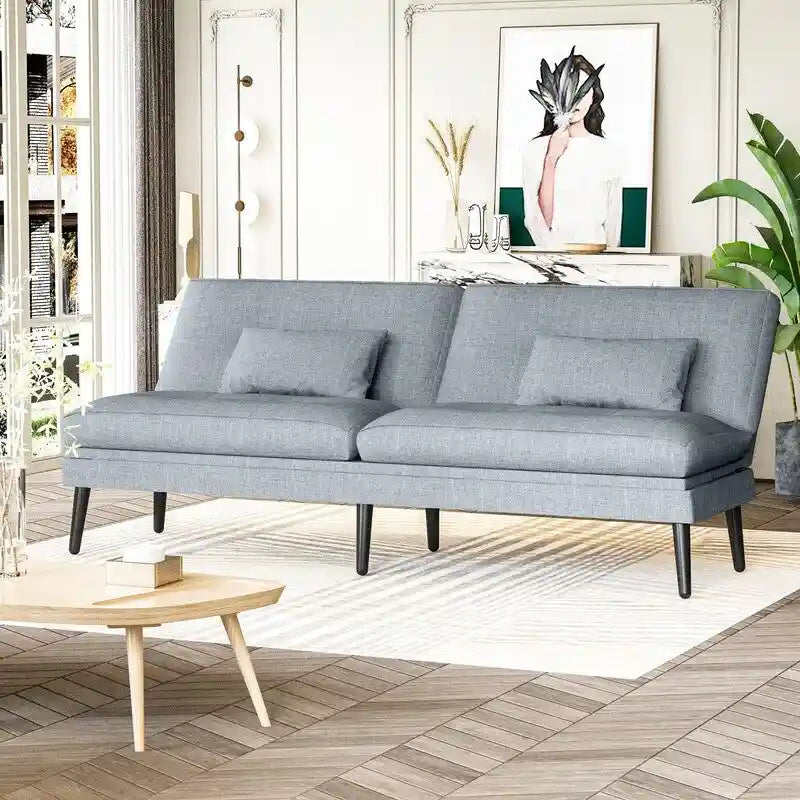Canapé-lit futon moderne du milieu du siècle avec dossier réglable sur 5 angles et 2 oreillers, 2 places — Cuir PU noir / marron / rouge et lin noir / gris