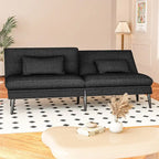 Canapé-lit futon moderne du milieu du siècle avec dossier réglable sur 5 angles et 2 oreillers, 2 places — Cuir PU noir / marron / rouge et lin noir / gris