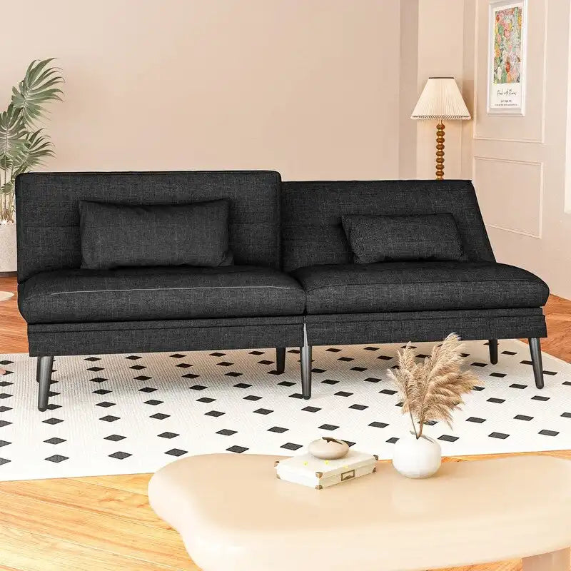 Canapé-lit futon moderne du milieu du siècle avec dossier réglable sur 5 angles et 2 oreillers, 2 places — Cuir PU noir / marron / rouge et lin noir / gris