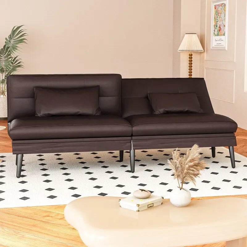 Canapé-lit futon moderne du milieu du siècle avec dossier réglable sur 5 angles et 2 oreillers, 2 places — Cuir PU noir / marron / rouge et lin noir / gris