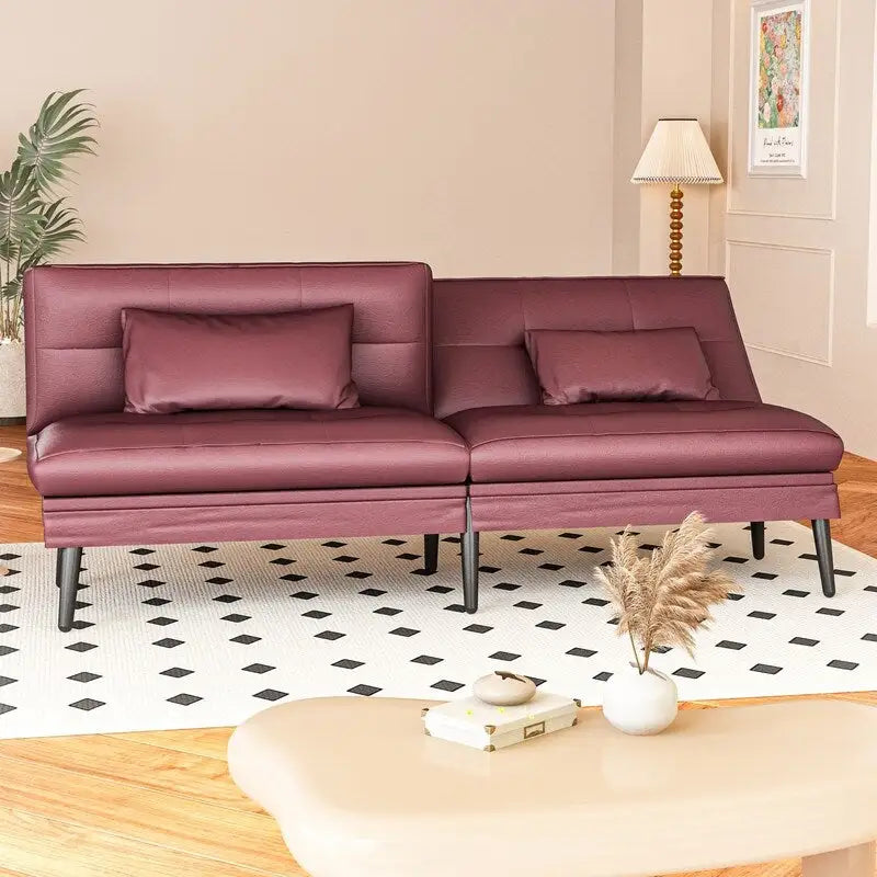 Canapé-lit futon moderne du milieu du siècle avec dossier réglable sur 5 angles et 2 oreillers, 2 places — Cuir PU noir / marron / rouge et lin noir / gris