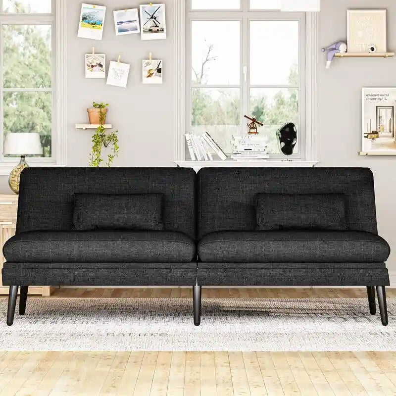 Canapé-lit futon moderne du milieu du siècle avec dossier réglable sur 5 angles et 2 oreillers, 2 places — Cuir PU noir / marron / rouge et lin noir / gris