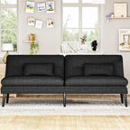 Canapé-lit futon moderne du milieu du siècle avec dossier réglable sur 5 angles et 2 oreillers, 2 places — Cuir PU noir / marron / rouge et lin noir / gris