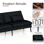 Canapé-lit futon moderne du milieu du siècle avec dossier réglable sur 5 angles et 2 oreillers, 2 places — Cuir PU noir / marron / rouge et lin noir / gris