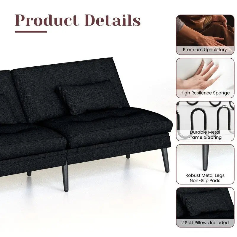 Canapé-lit futon moderne du milieu du siècle avec dossier réglable sur 5 angles et 2 oreillers, 2 places — Cuir PU noir / marron / rouge et lin noir / gris