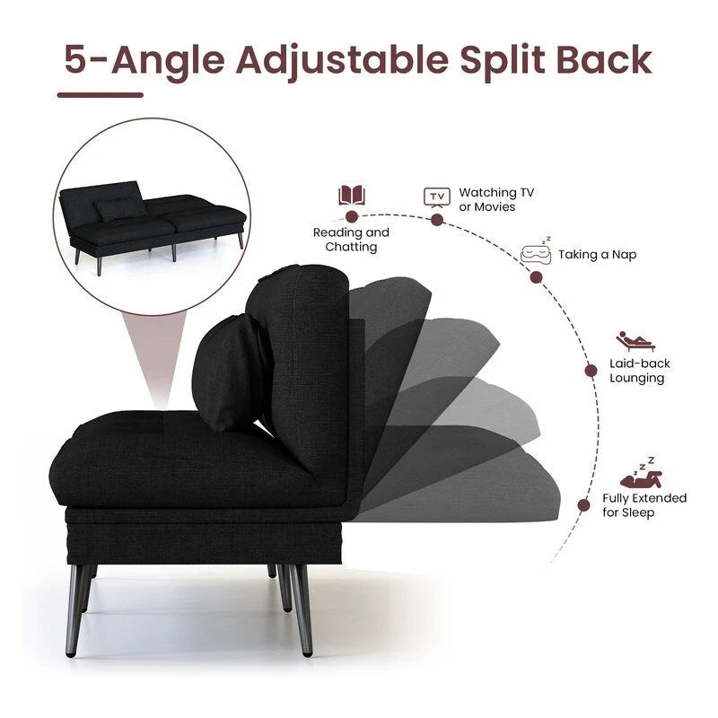 Canapé-lit futon moderne du milieu du siècle avec dossier réglable sur 5 angles et 2 oreillers, 2 places — Cuir PU noir / marron / rouge et lin noir / gris