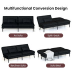 Canapé-lit futon moderne du milieu du siècle avec dossier réglable sur 5 angles et 2 oreillers, 2 places — Cuir PU noir / marron / rouge et lin noir / gris