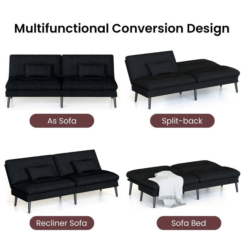 Canapé-lit futon moderne du milieu du siècle avec dossier réglable sur 5 angles et 2 oreillers, 2 places — Cuir PU noir / marron / rouge et lin noir / gris