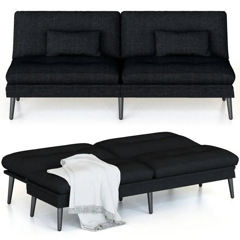 Canapé-lit futon moderne du milieu du siècle avec dossier réglable sur 5 angles et 2 oreillers, 2 places — Cuir PU noir / marron / rouge et lin noir / gris