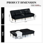 Canapé-lit futon moderne du milieu du siècle avec dossier réglable sur 5 angles et 2 oreillers, 2 places — Cuir PU noir / marron / rouge et lin noir / gris
