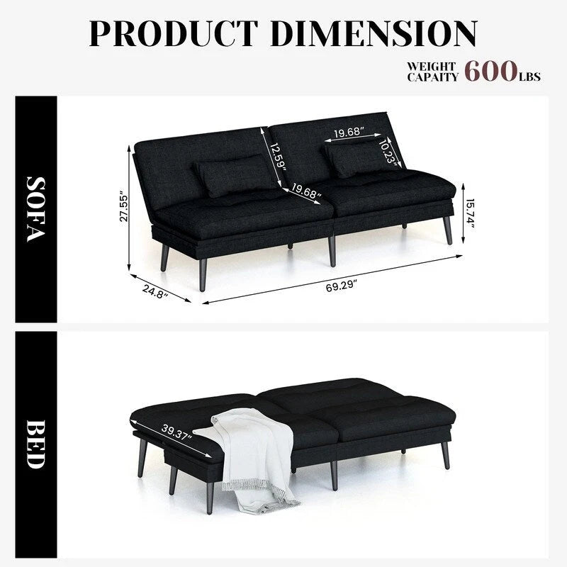 Canapé-lit futon moderne du milieu du siècle avec dossier réglable sur 5 angles et 2 oreillers, 2 places — Cuir PU noir / marron / rouge et lin noir / gris