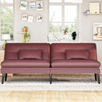 Canapé-lit futon moderne du milieu du siècle avec dossier réglable sur 5 angles et 2 oreillers, 2 places — Cuir PU noir / marron / rouge et lin noir / gris