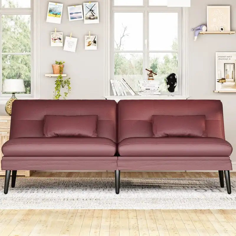 Canapé-lit futon moderne du milieu du siècle avec dossier réglable sur 5 angles et 2 oreillers, 2 places — Cuir PU noir / marron / rouge et lin noir / gris