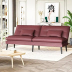 Canapé-lit futon moderne du milieu du siècle avec dossier réglable sur 5 angles et 2 oreillers, 2 places — Cuir PU noir / marron / rouge et lin noir / gris