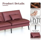 Canapé-lit futon moderne du milieu du siècle avec dossier réglable sur 5 angles et 2 oreillers, 2 places — Cuir PU noir / marron / rouge et lin noir / gris
