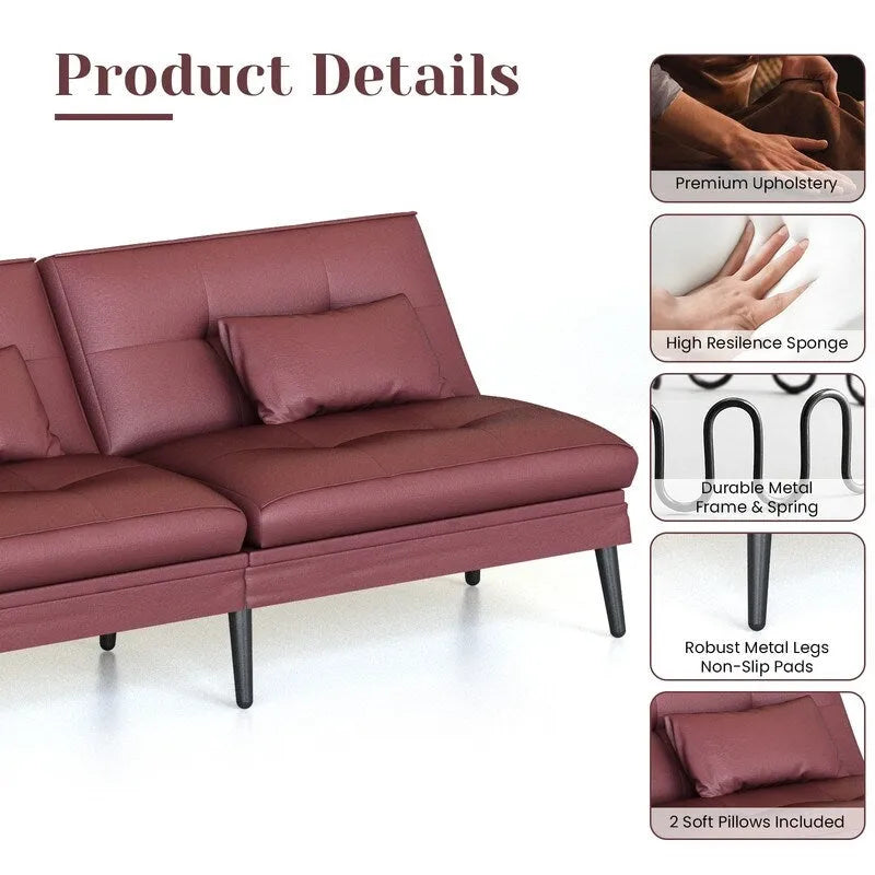 Canapé-lit futon moderne du milieu du siècle avec dossier réglable sur 5 angles et 2 oreillers, 2 places — Cuir PU noir / marron / rouge et lin noir / gris