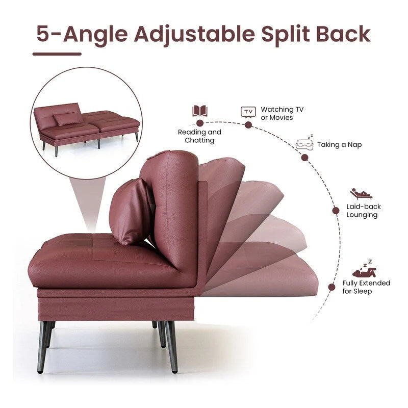 Canapé-lit futon moderne du milieu du siècle avec dossier réglable sur 5 angles et 2 oreillers, 2 places — Cuir PU noir / marron / rouge et lin noir / gris