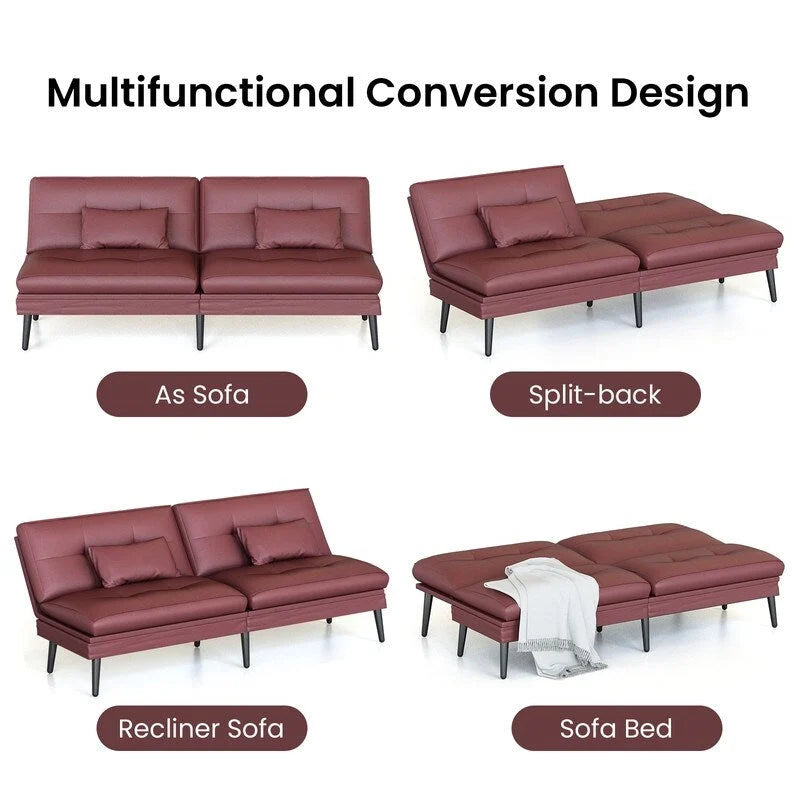Canapé-lit futon moderne du milieu du siècle avec dossier réglable sur 5 angles et 2 oreillers, 2 places — Cuir PU noir / marron / rouge et lin noir / gris