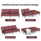 Canapé-lit futon moderne du milieu du siècle avec dossier réglable sur 5 angles et 2 oreillers, 2 places — Cuir PU noir / marron / rouge et lin noir / gris