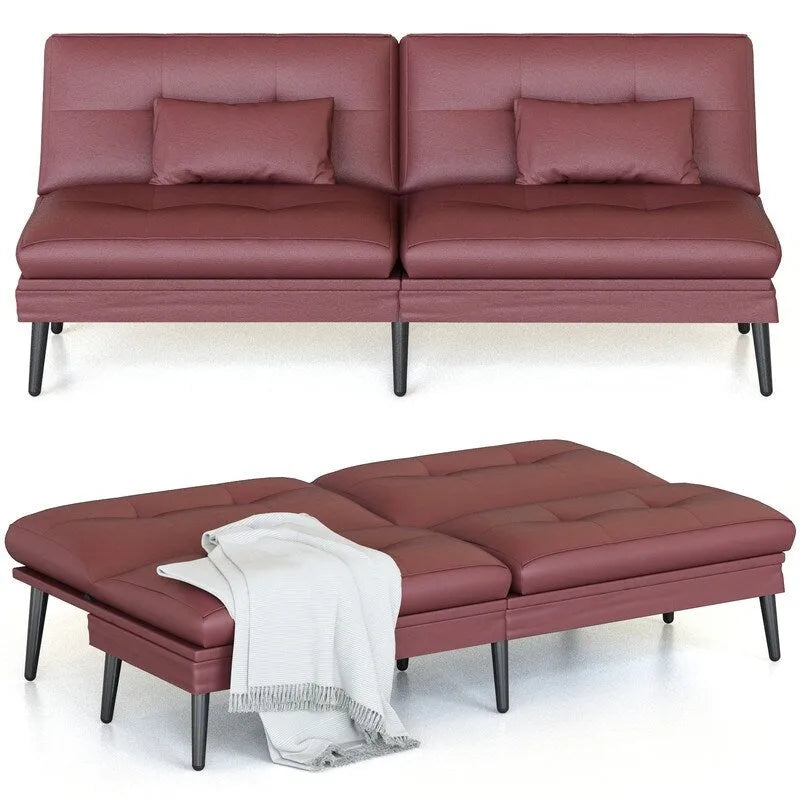 Canapé-lit futon moderne du milieu du siècle avec dossier réglable sur 5 angles et 2 oreillers, 2 places — Cuir PU noir / marron / rouge et lin noir / gris