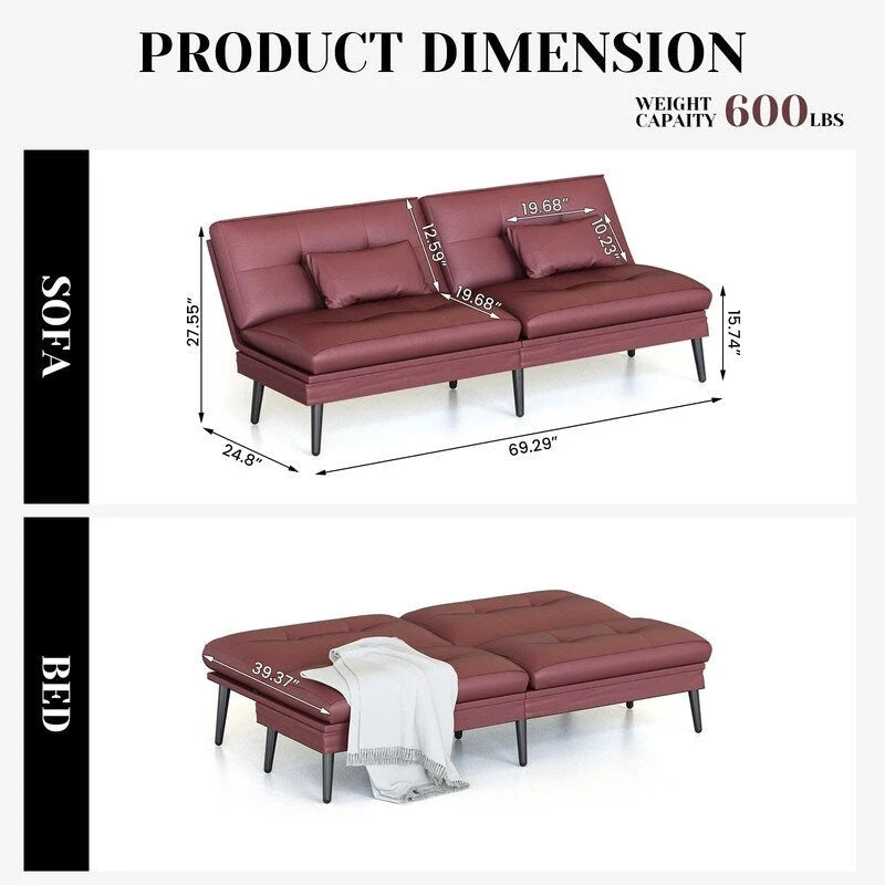Canapé-lit futon moderne du milieu du siècle avec dossier réglable sur 5 angles et 2 oreillers, 2 places — Cuir PU noir / marron / rouge et lin noir / gris