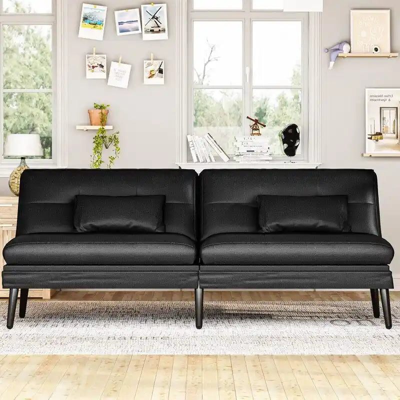 Canapé-lit futon moderne du milieu du siècle avec dossier réglable sur 5 angles et 2 oreillers, 2 places — Cuir PU noir / marron / rouge et lin noir / gris