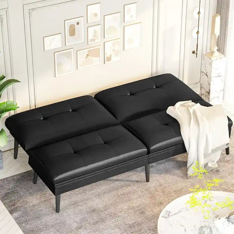 Canapé-lit futon moderne du milieu du siècle avec dossier réglable sur 5 angles et 2 oreillers, 2 places — Cuir PU noir / marron / rouge et lin noir / gris