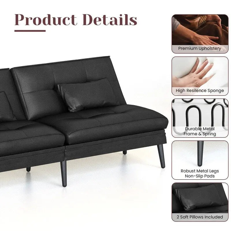 Canapé-lit futon moderne du milieu du siècle avec dossier réglable sur 5 angles et 2 oreillers, 2 places — Cuir PU noir / marron / rouge et lin noir / gris