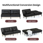Canapé-lit futon moderne du milieu du siècle avec dossier réglable sur 5 angles et 2 oreillers, 2 places — Cuir PU noir / marron / rouge et lin noir / gris