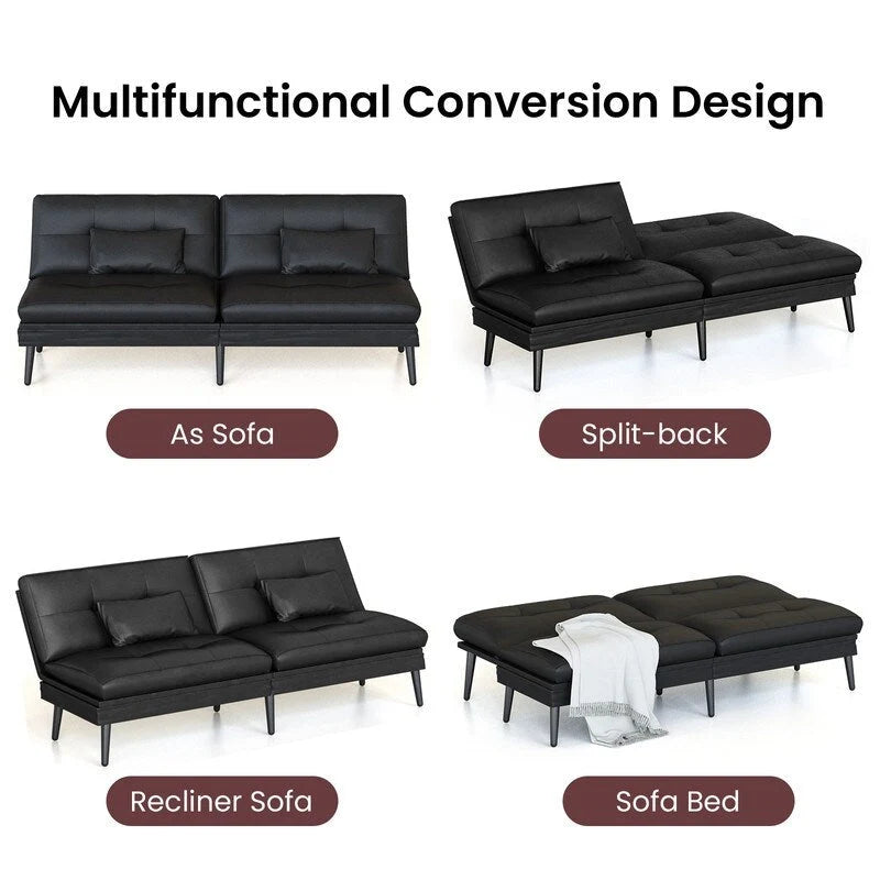 Canapé-lit futon moderne du milieu du siècle avec dossier réglable sur 5 angles et 2 oreillers, 2 places — Cuir PU noir / marron / rouge et lin noir / gris