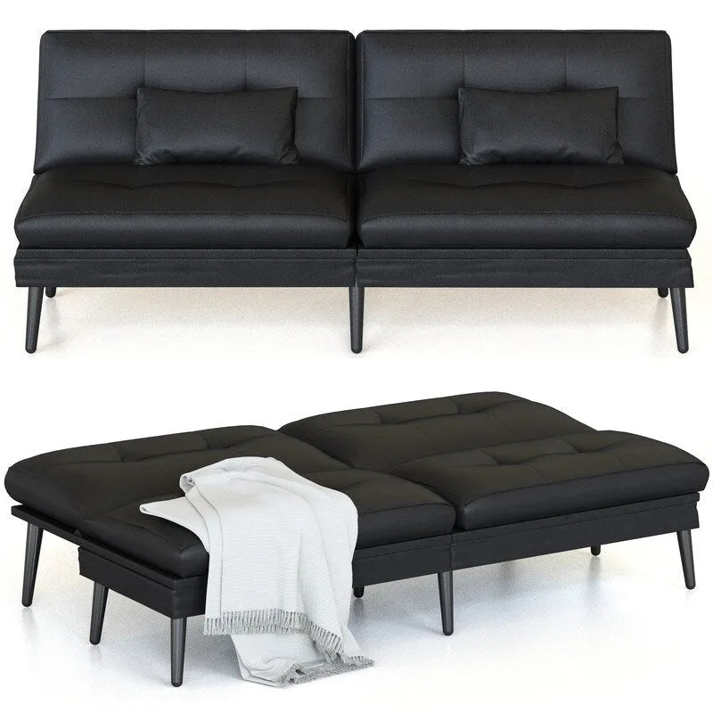 Canapé-lit futon moderne du milieu du siècle avec dossier réglable sur 5 angles et 2 oreillers, 2 places — Cuir PU noir / marron / rouge et lin noir / gris
