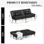 Canapé-lit futon moderne du milieu du siècle avec dossier réglable sur 5 angles et 2 oreillers, 2 places — Cuir PU noir / marron / rouge et lin noir / gris