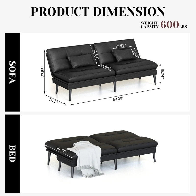 Canapé-lit futon moderne du milieu du siècle avec dossier réglable sur 5 angles et 2 oreillers, 2 places — Cuir PU noir / marron / rouge et lin noir / gris