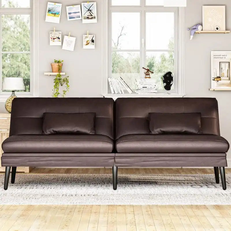 Canapé-lit futon moderne du milieu du siècle avec dossier réglable sur 5 angles et 2 oreillers, 2 places — Cuir PU noir / marron / rouge et lin noir / gris