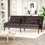 Canapé-lit futon moderne du milieu du siècle avec dossier réglable sur 5 angles et 2 oreillers, 2 places — Cuir PU noir / marron / rouge et lin noir / gris