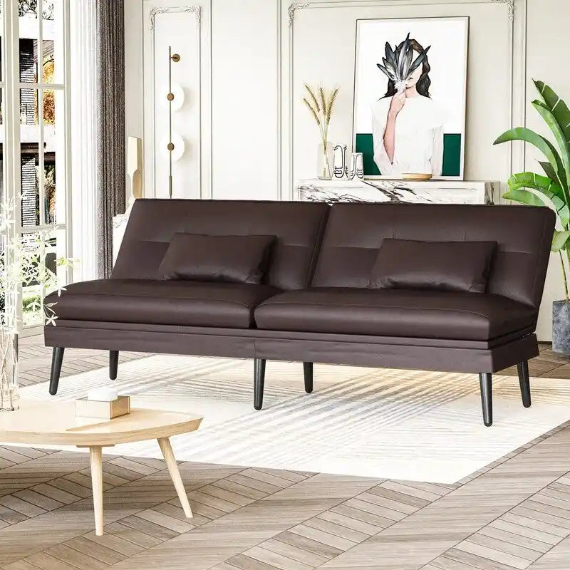 Canapé-lit futon moderne du milieu du siècle avec dossier réglable sur 5 angles et 2 oreillers, 2 places — Cuir PU noir / marron / rouge et lin noir / gris