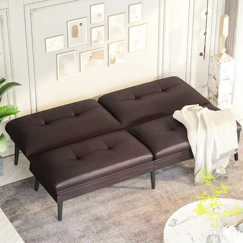 Canapé-lit futon moderne du milieu du siècle avec dossier réglable sur 5 angles et 2 oreillers, 2 places — Cuir PU noir / marron / rouge et lin noir / gris