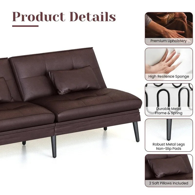 Canapé-lit futon moderne du milieu du siècle avec dossier réglable sur 5 angles et 2 oreillers, 2 places — Cuir PU noir / marron / rouge et lin noir / gris