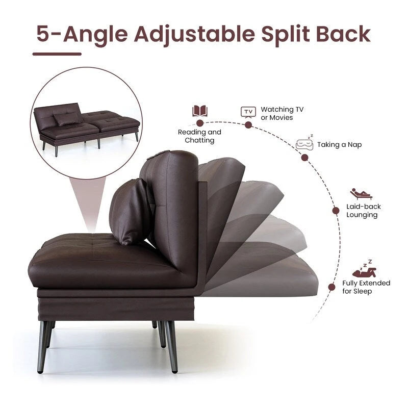 Canapé-lit futon moderne du milieu du siècle avec dossier réglable sur 5 angles et 2 oreillers, 2 places — Cuir PU noir / marron / rouge et lin noir / gris