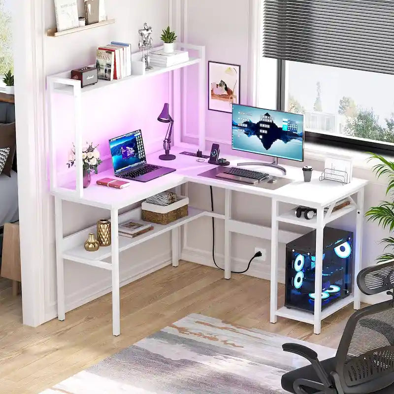 Bureau d'angle en L avec huche et éclairage LED, Blanc / Chêne gris / Marron / Noir, Pour 1