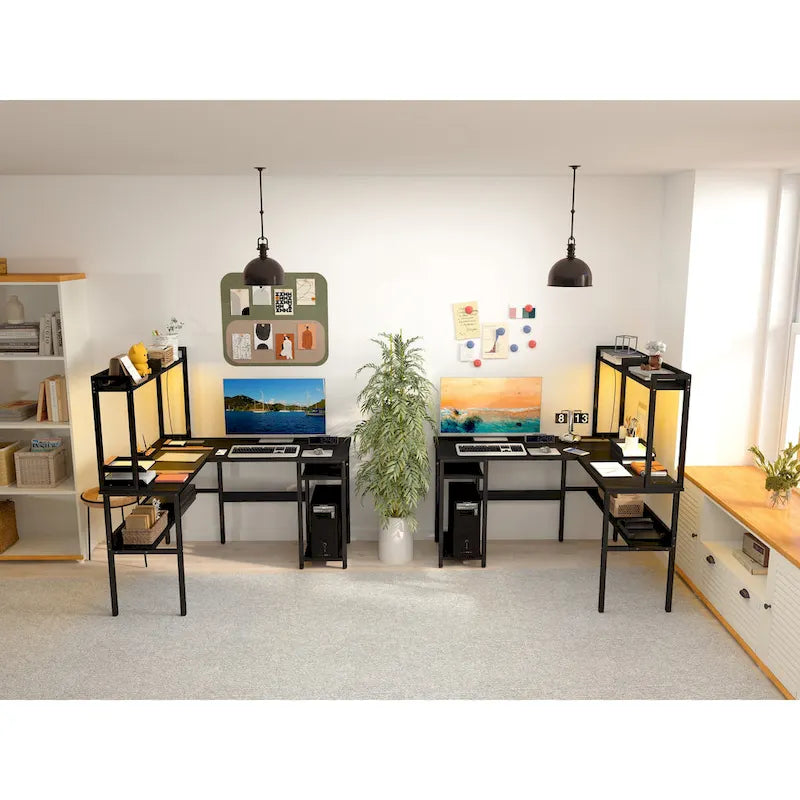 Bureau d'angle en L avec huche et éclairage LED, Blanc / Chêne gris / Marron / Noir, Pour 1
