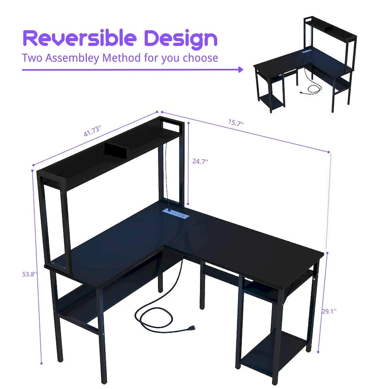 Bureau d'angle en L avec huche et éclairage LED, Blanc / Chêne gris / Marron / Noir, Pour 1